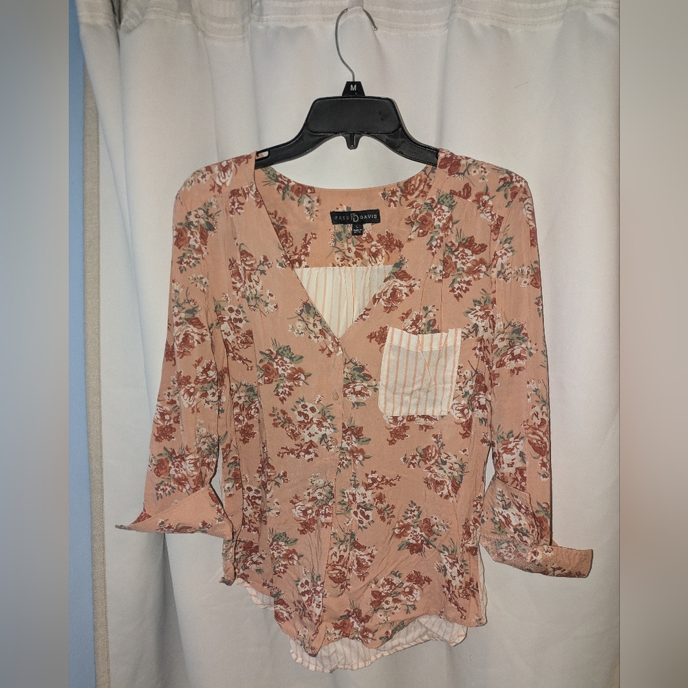 Fred David Orange Pink Wrap Blouse with Ruffled 3/4 Sleeves